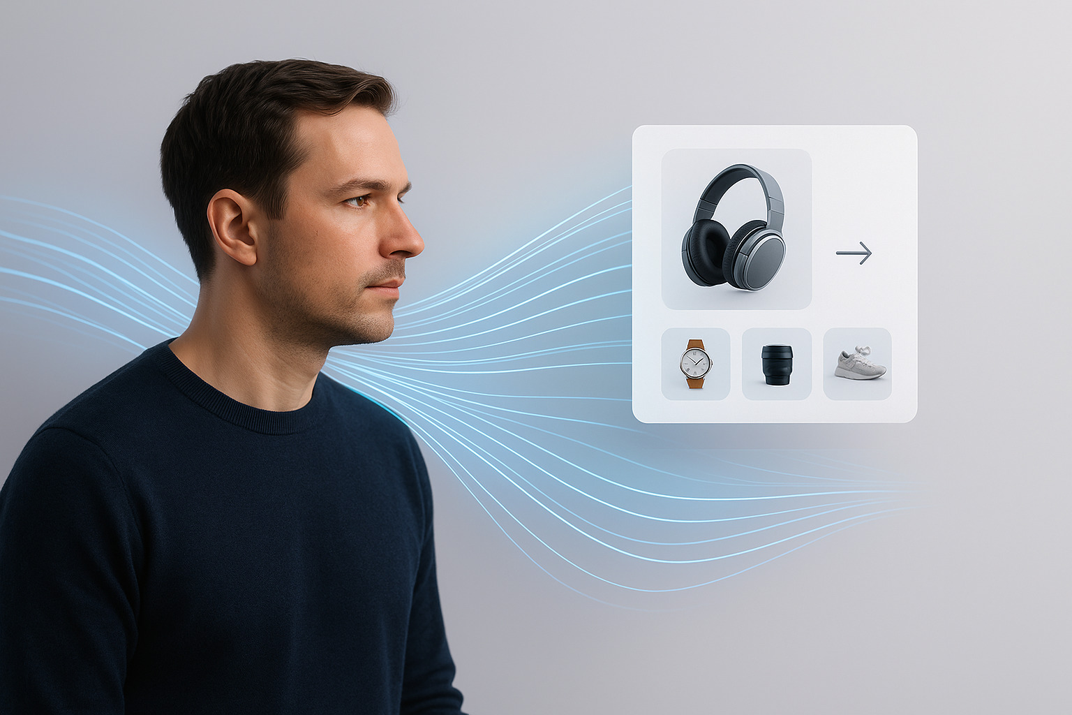 A man in a dark sweater looks towards a display of headphones, a watch, a cup, and sneakers with blue wave patterns in the background.