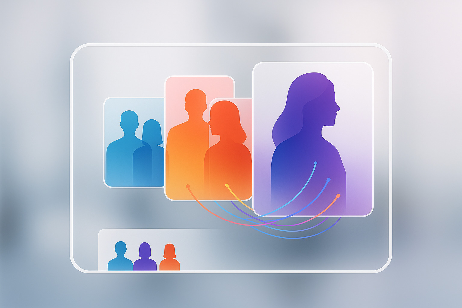 Abstract illustration of interconnected silhouettes in vibrant colors, symbolizing human connection and communication.