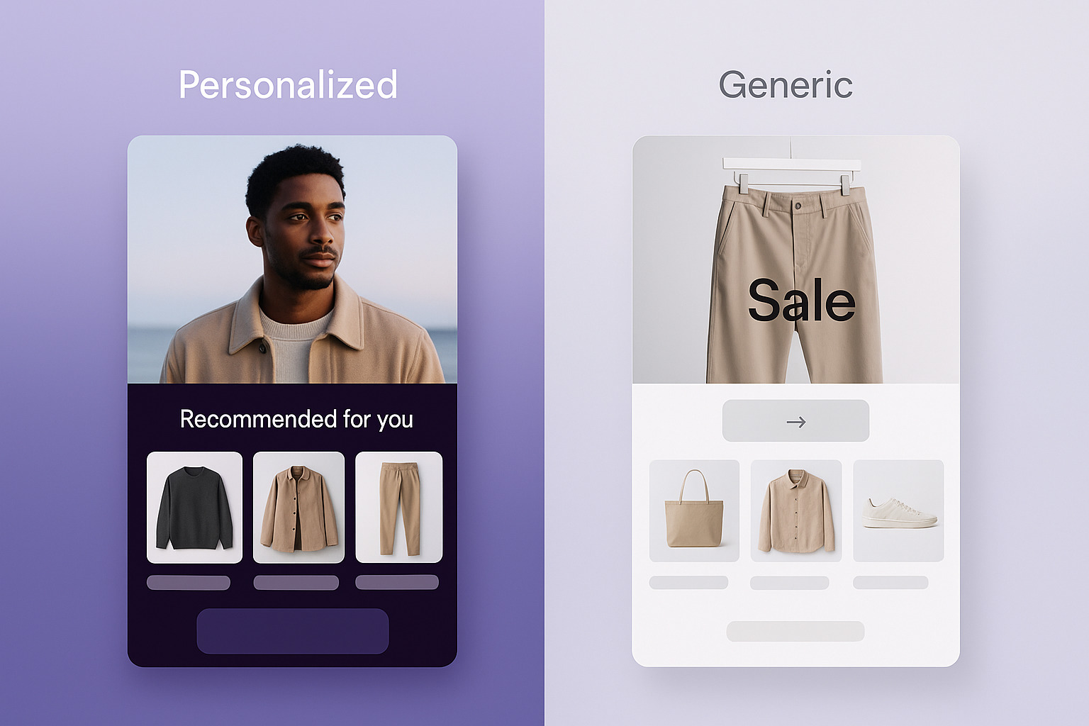 Split-screen design displaying a personalized shopping interface on the left and a generic sales display on the right, showcasing clothing items.