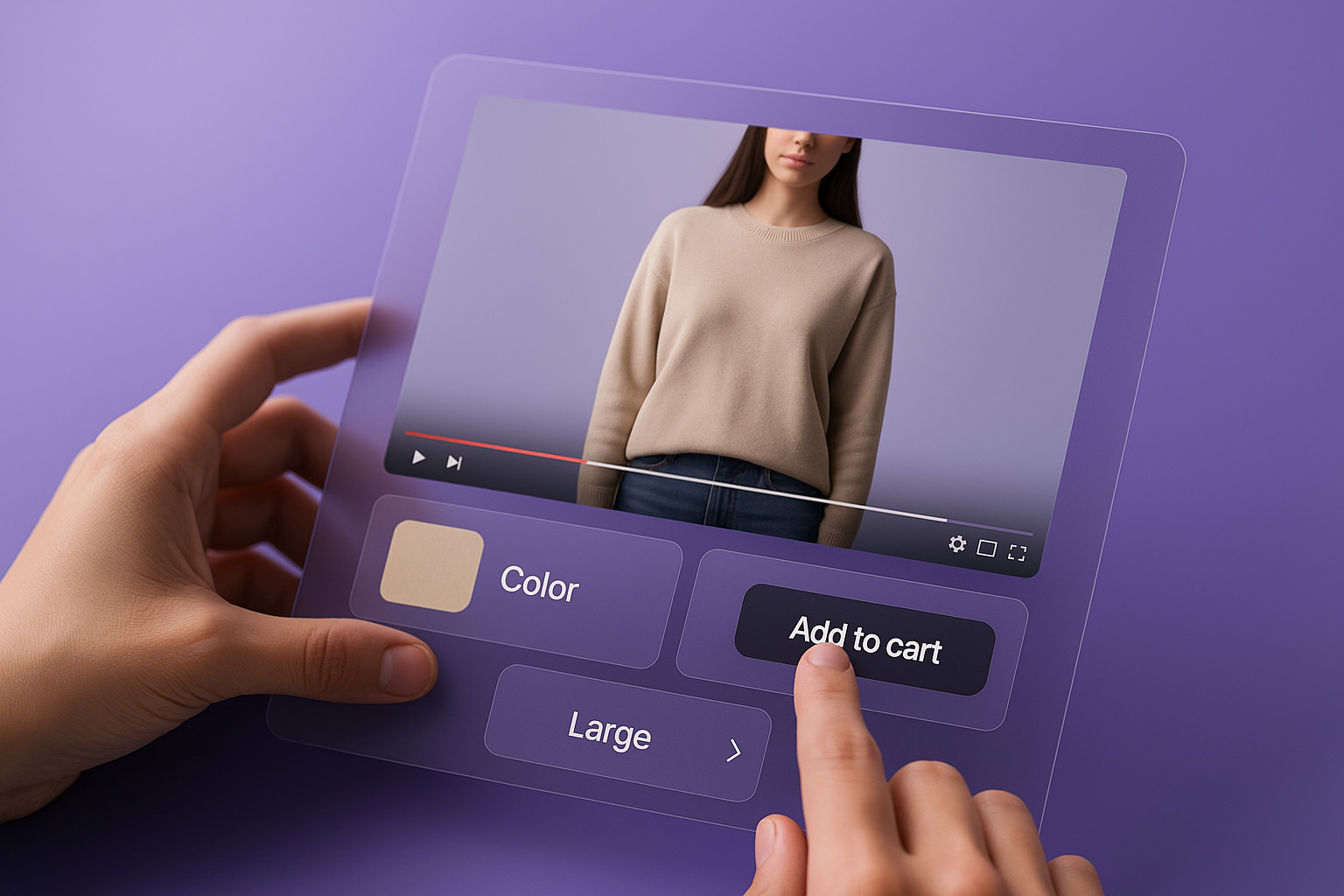 A hand interacts with a digital interface displaying a video of a beige sweater, with options for color and size, and a button to add to cart.