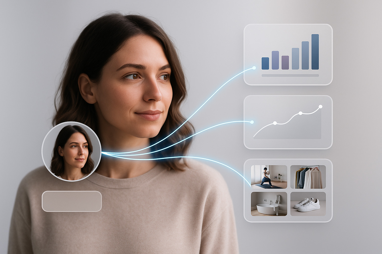 A woman in a beige sweater stands against a light background, with data graphs and images appearing around her.