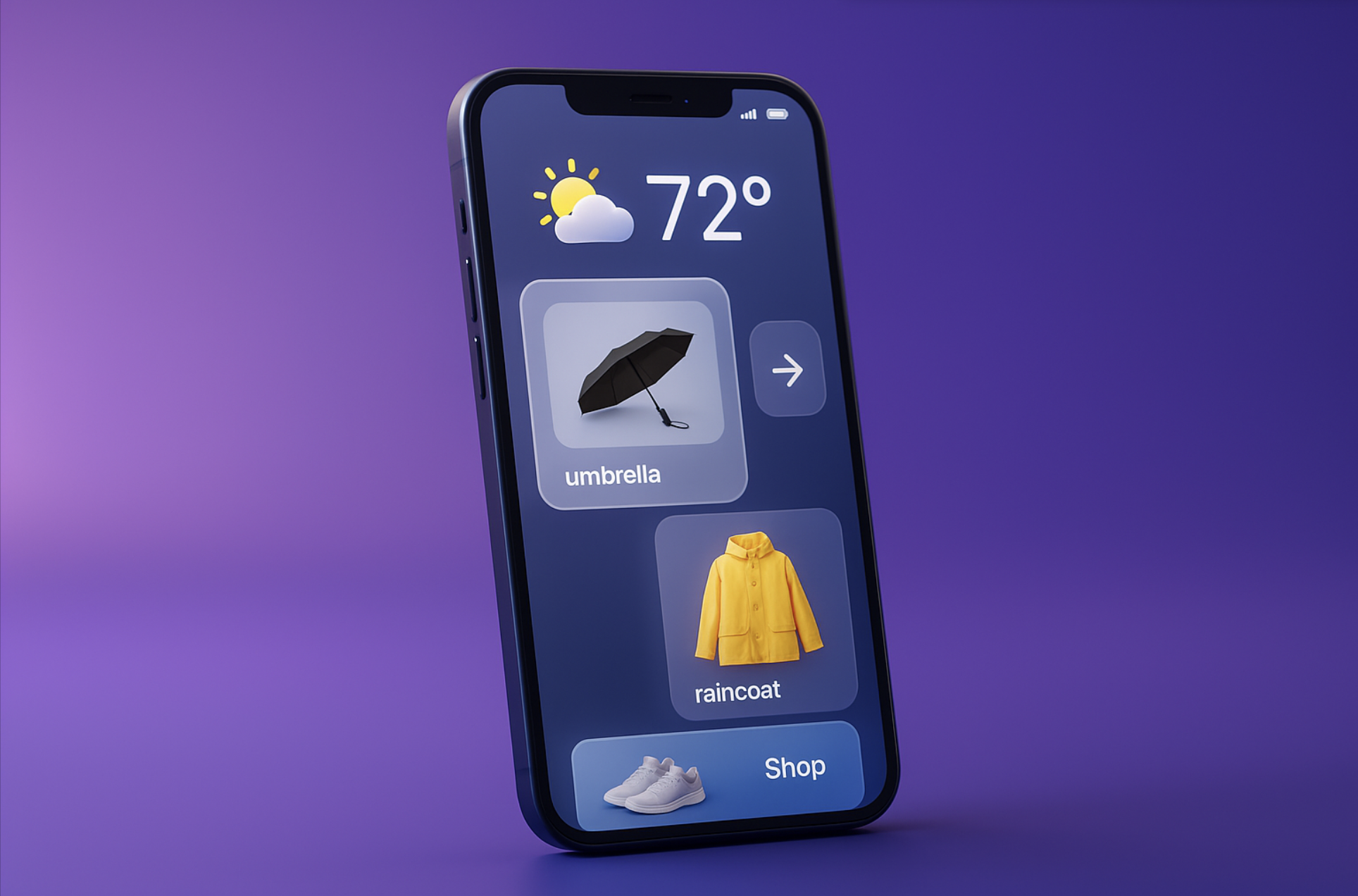smartphone graphic showing the weather and some shopping options for rain