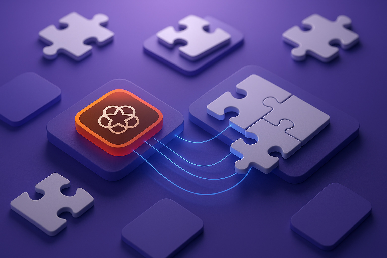 Colorful puzzle pieces connect to a central icon, representing collaboration and integration on a purple backdrop.
