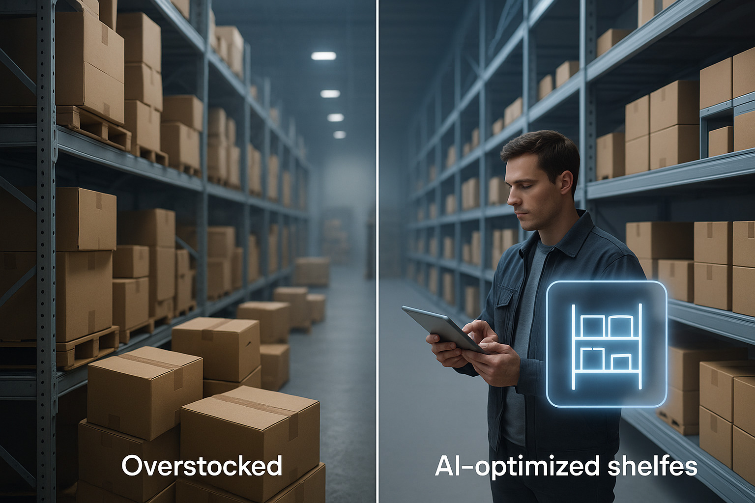 A warehouse scene contrasts overstocked boxes on the left with AI-optimized shelving and a person using a tablet on the right.