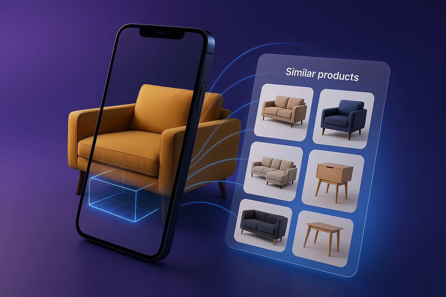 A smartphone displays a floating image of a yellow armchair, accompanied by similar furniture product options on a purple background.