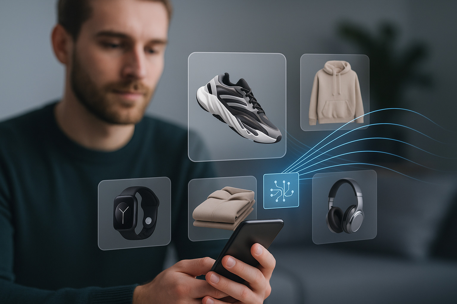 A person holds a smartphone, interactively engaging with virtual image icons of sneakers, a hoodie, a smartwatch, headphones, and a blanket.