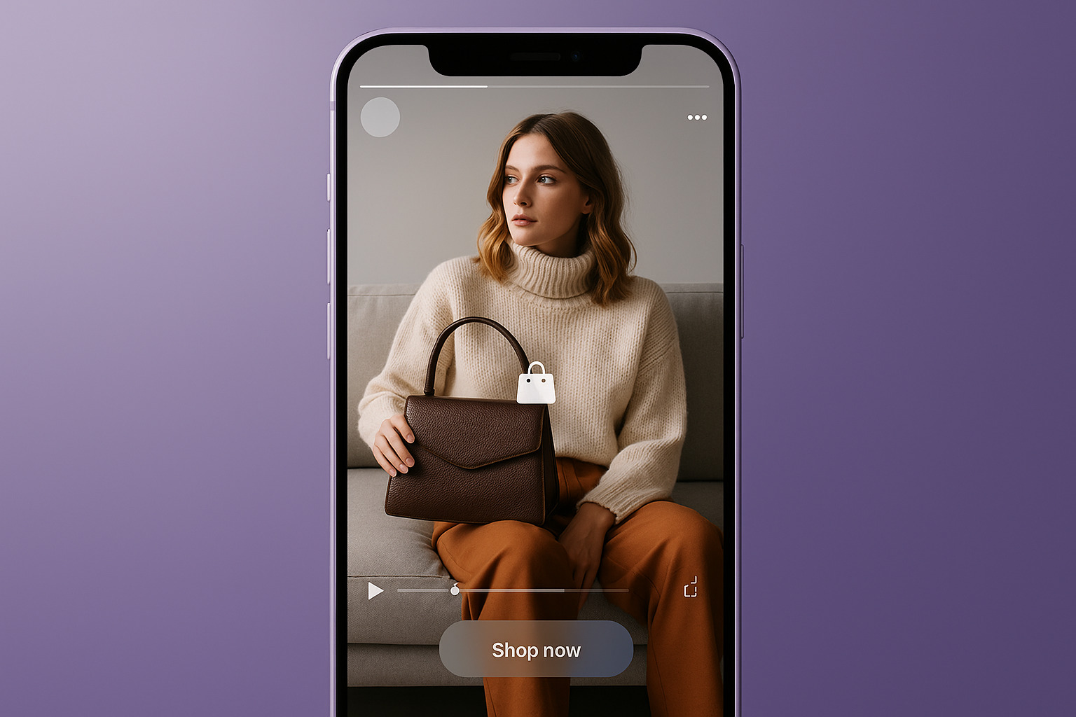 A woman in a cream sweater holds a brown handbag while sitting on a couch, with a purple background and a "Shop now" button below.