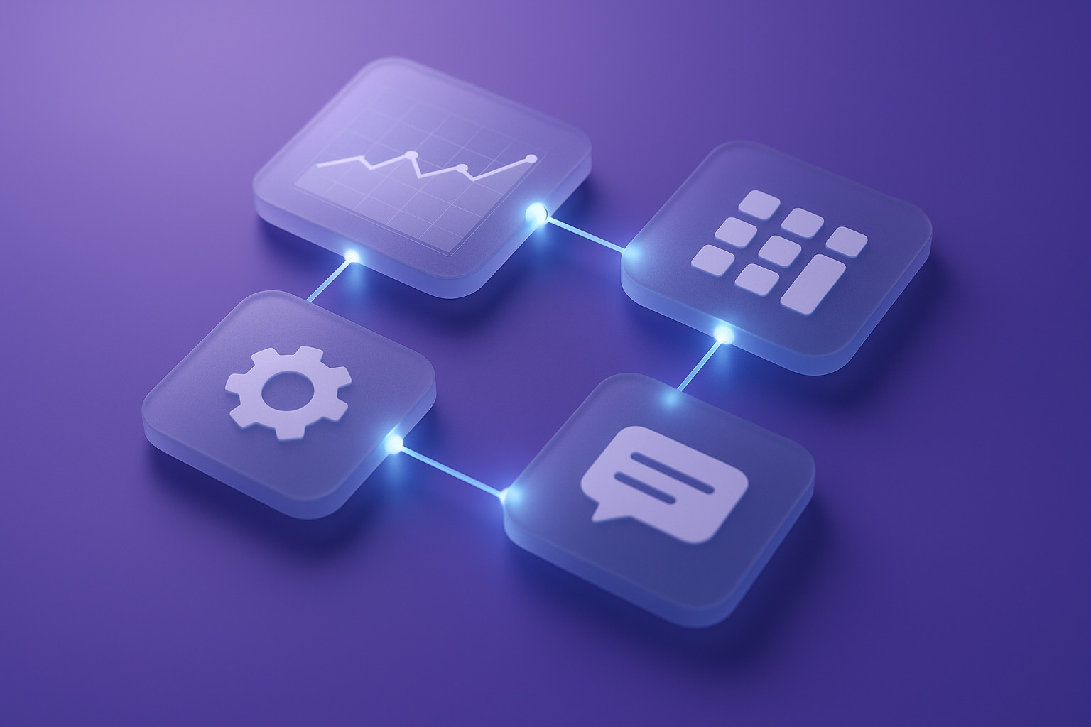 Four translucent icons connected by glowing lines on a purple background: graph, settings gear, grid, and speech bubble.