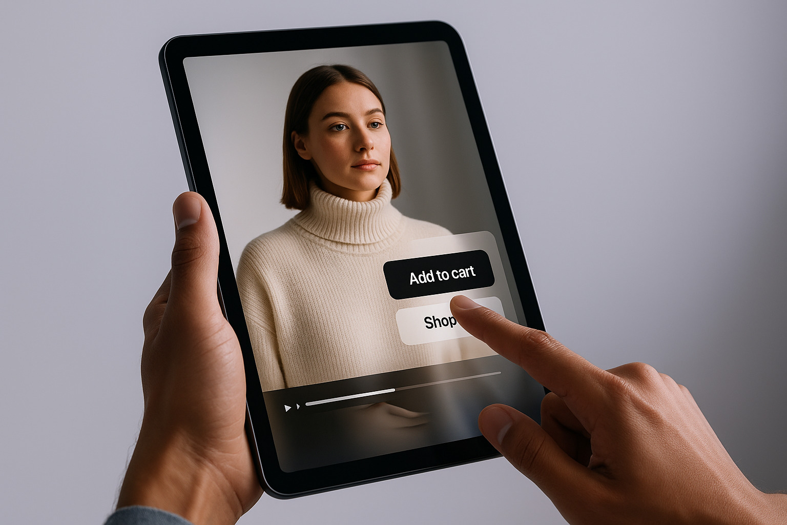 A hand holding a tablet displaying a shopping interface, featuring an "Add to cart" button next to a model in a white turtleneck.