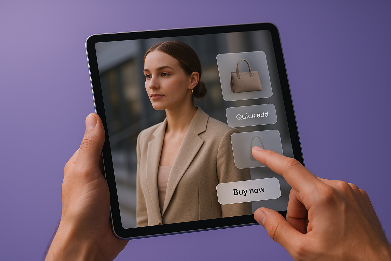 A hand interacts with a tablet screen featuring shopping options for a handbag, set against a purple background.