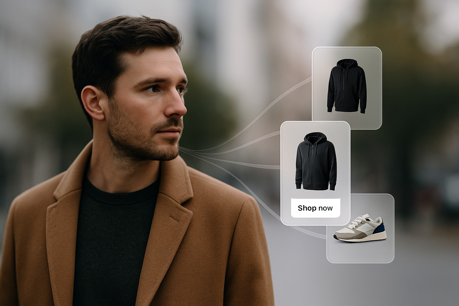 A man in a brown coat stands outdoors, displaying clothing items with a "Shop now" button in a visually interactive layout.