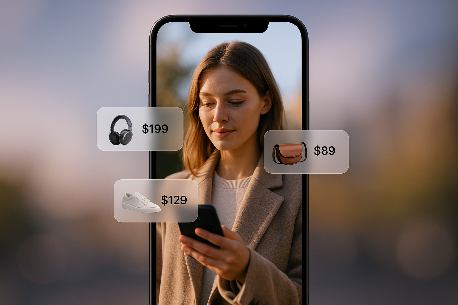 A woman holds a smartphone displaying three product items with prices: headphones ($199), sneakers ($129), and a handbag ($89).
