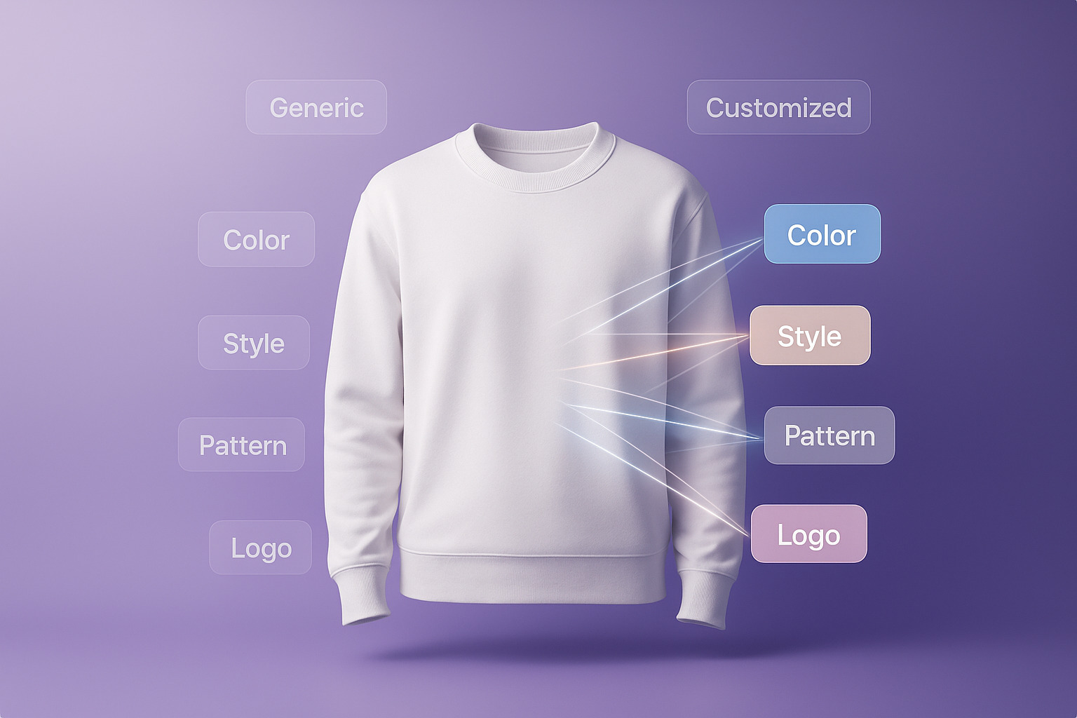 A white sweatshirt stands against a purple background, labeled with customization options: color, style, pattern, and logo.