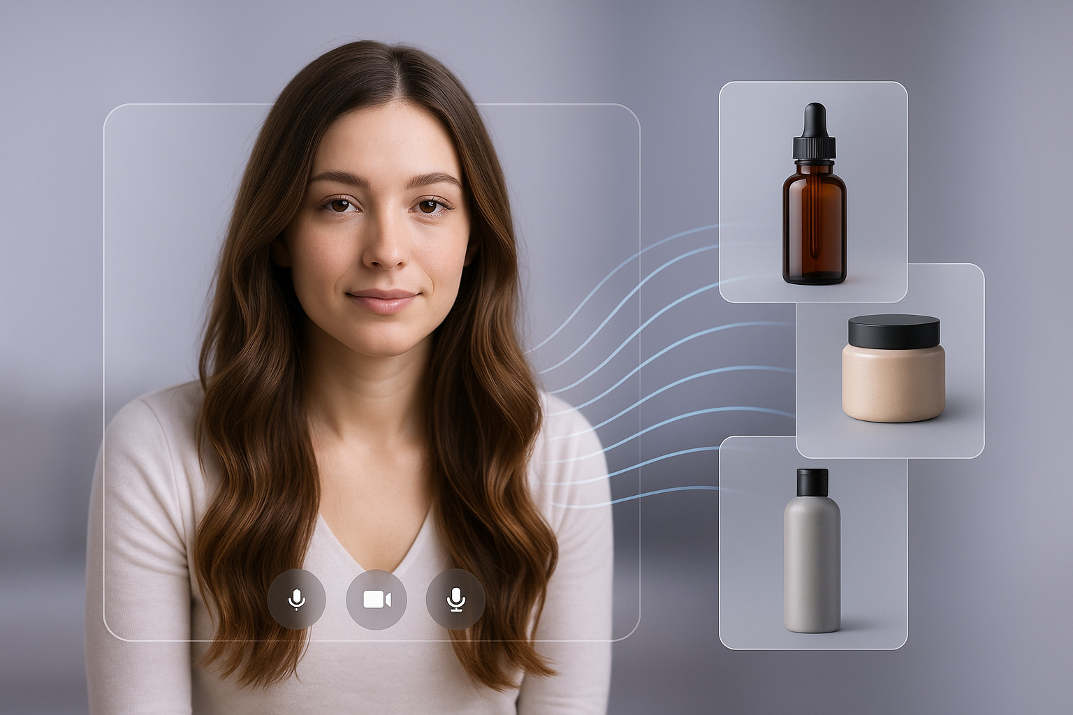 A woman with long, wavy hair sits in front of a digital interface, featuring skincare products and icons for video and audio functions.