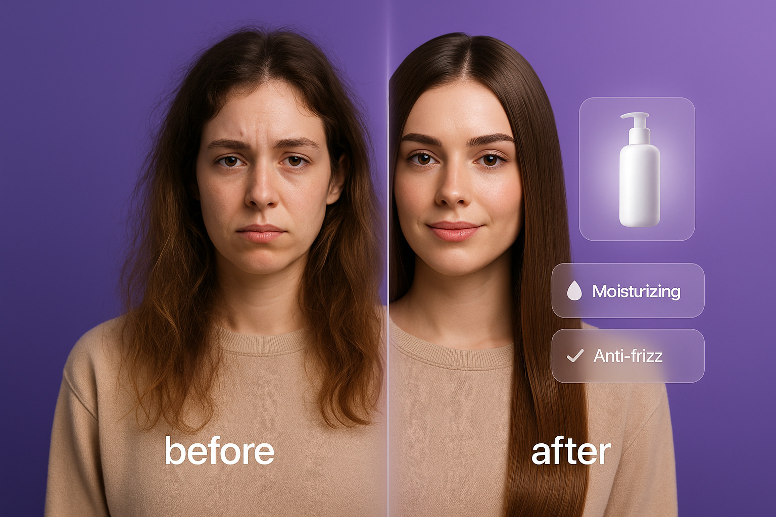 A side-by-side comparison of hair before and after treatment, showing frizzy hair on the left and sleek, smooth hair on the right.