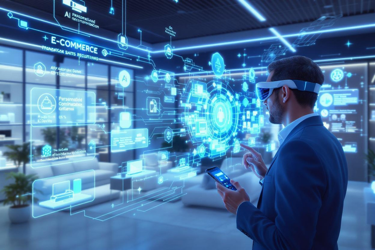 A person in a suit uses a smartphone and VR headset, interacting with digital interfaces showcasing e-commerce and AI technology.