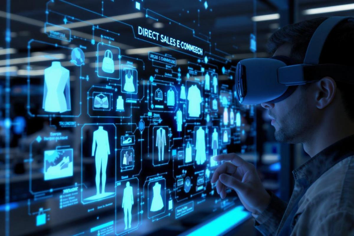 A person wearing a VR headset interacts with a digital display showcasing clothing and accessory options for direct sales and e-commerce.