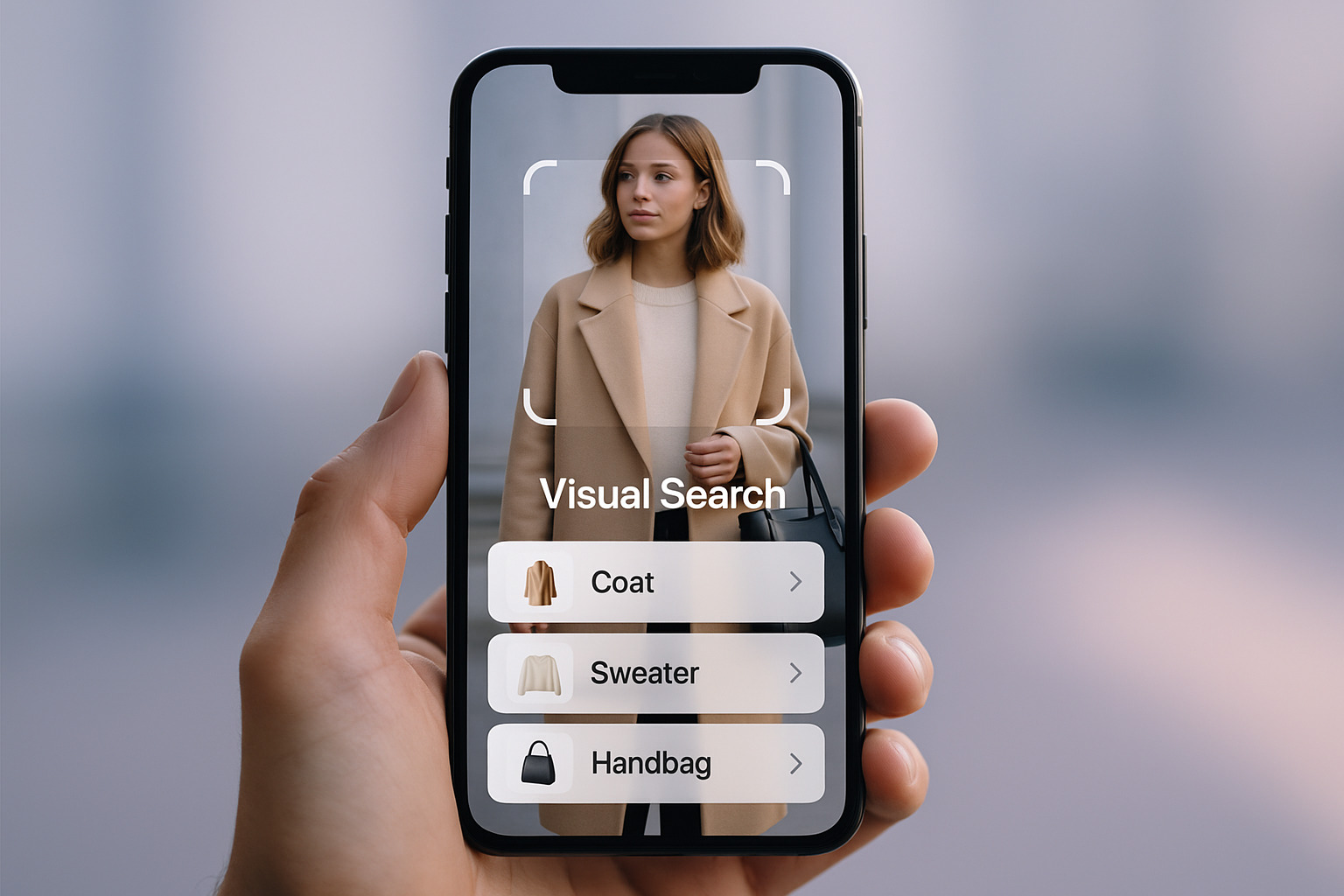 A hand holds a smartphone displaying a visual search feature for identifying clothing items like a coat, sweater, and handbag.