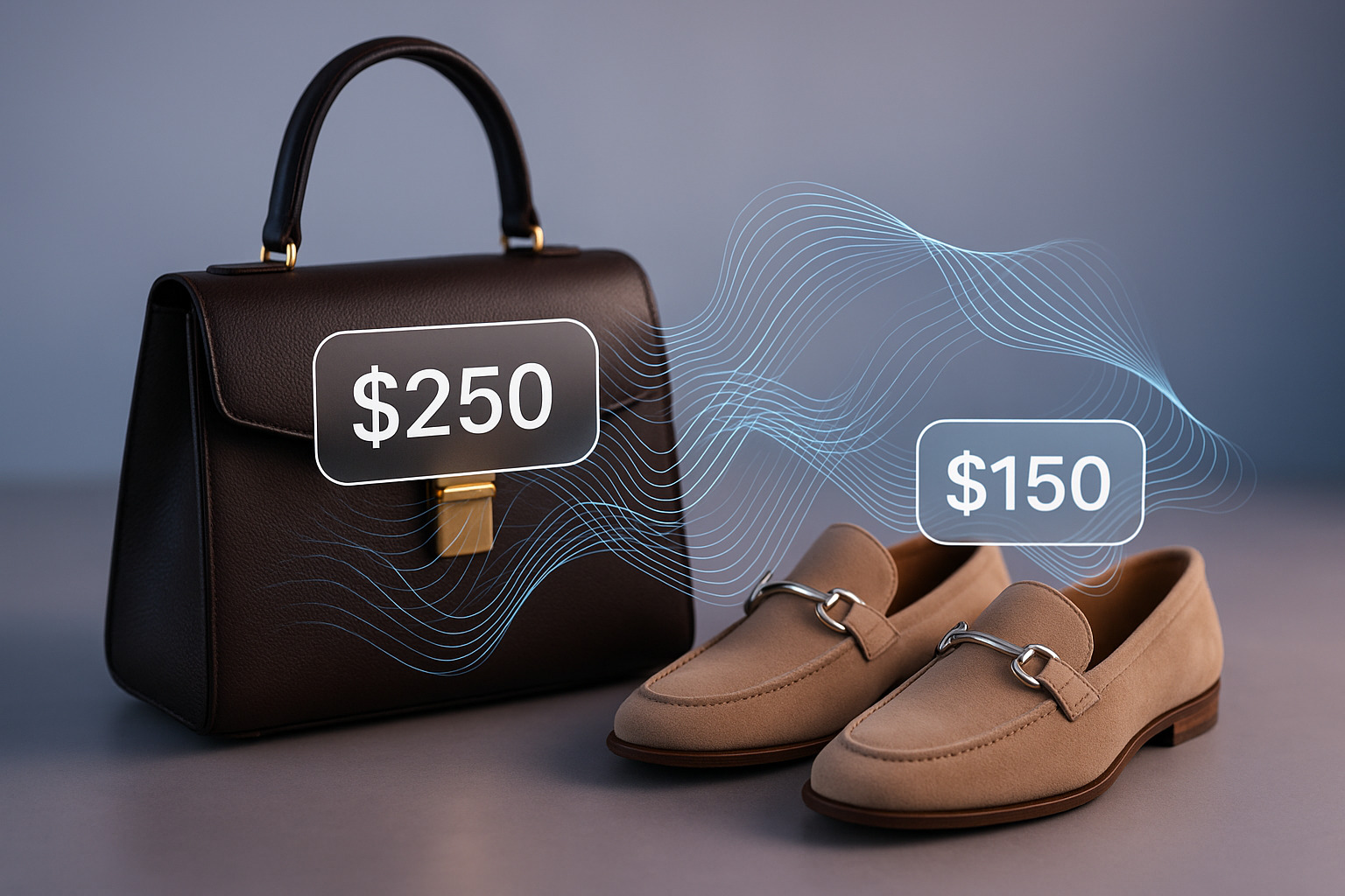 A stylish brown handbag priced at $250 and beige suede loafers priced at $150, set against a sleek background.
