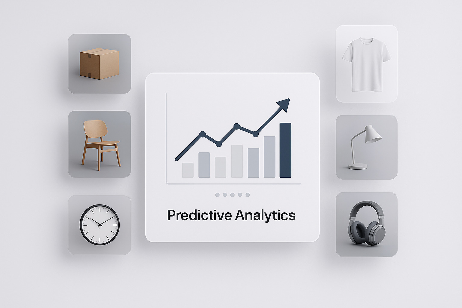 An infographic showcasing predictive analytics, featuring various product icons like furniture, clothing, and electronics.