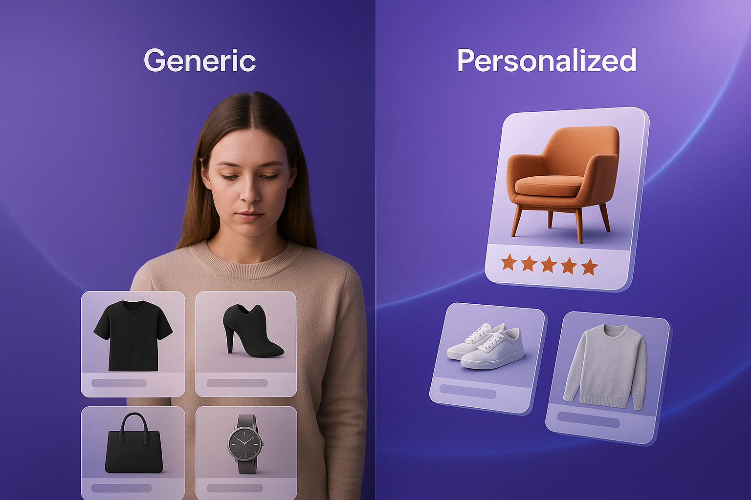 A split-screen design showing "Generic" and "Personalized" shopping items, including clothing, accessories, and furniture on a purple background.