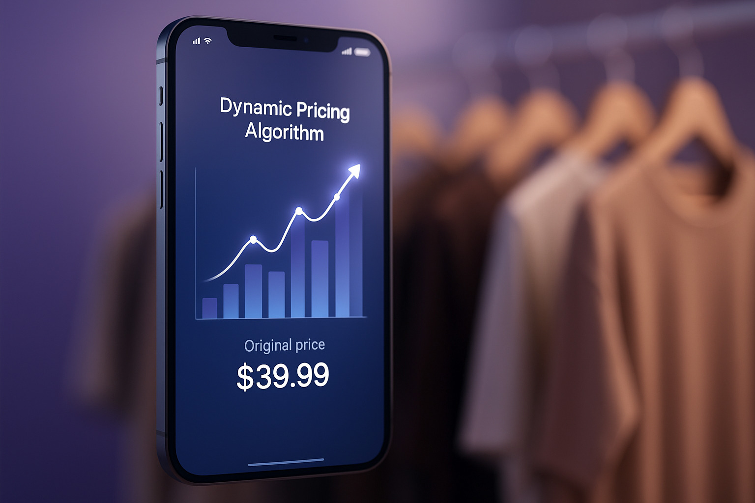 A smartphone displays a dynamic pricing algorithm chart with an upward trend, set against a background of hanging clothing.