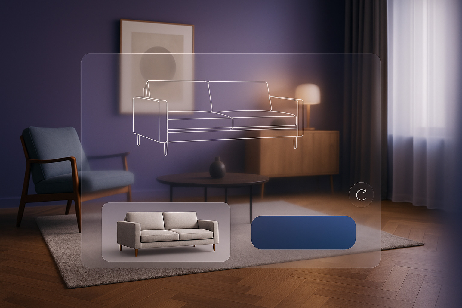 A stylish living room with a virtual rendering of a couch overlaying a cozy space featuring modern decor in purple and wood tones.