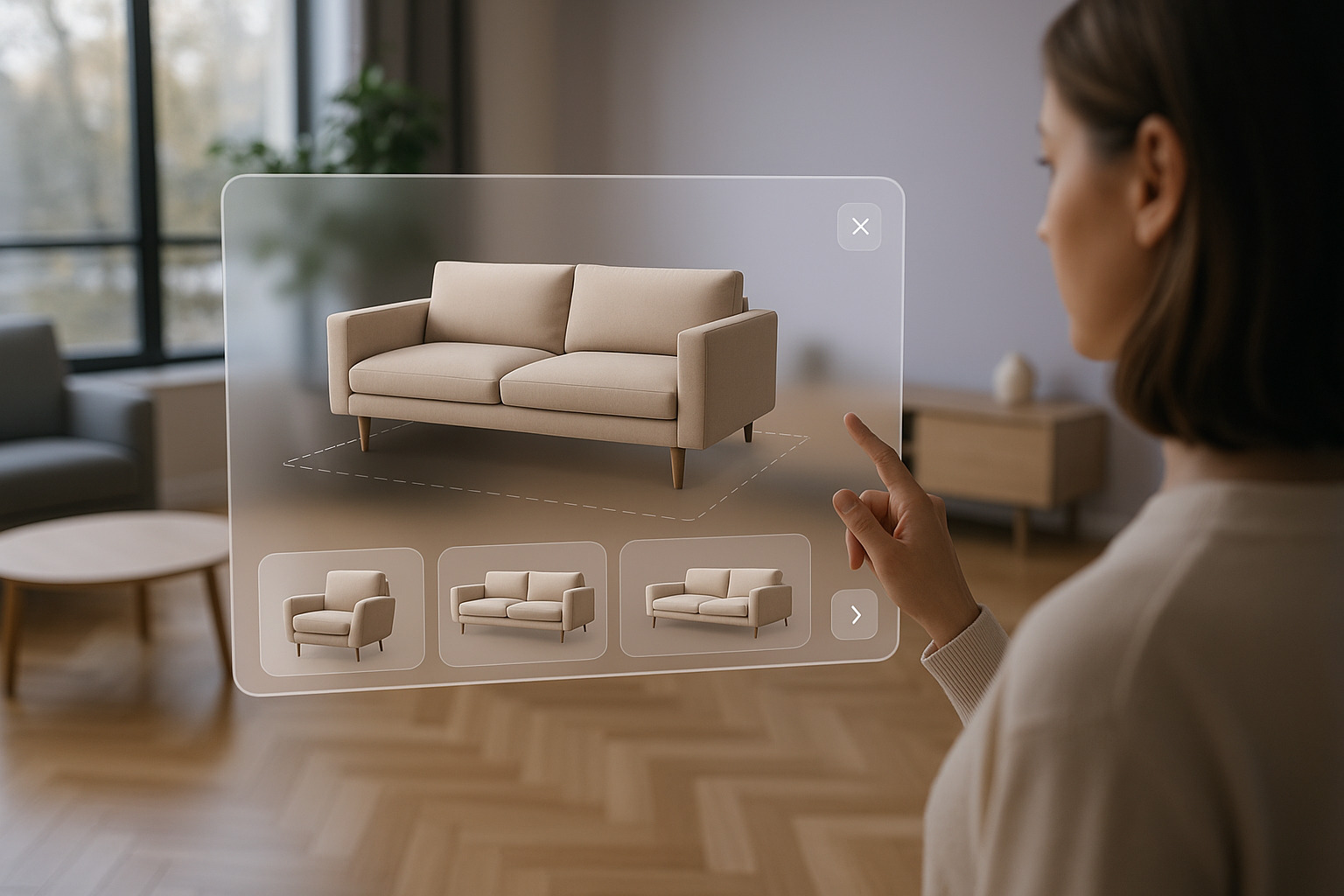 A person interacts with an augmented reality interface displaying a beige sofa, with additional furniture options below.