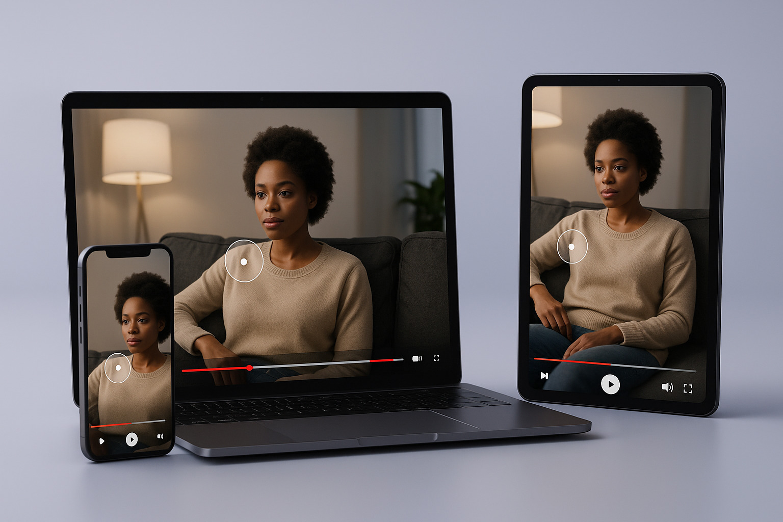 A laptop, tablet, and smartphone display a person in a cozy setting, each showing a paused video with play buttons.