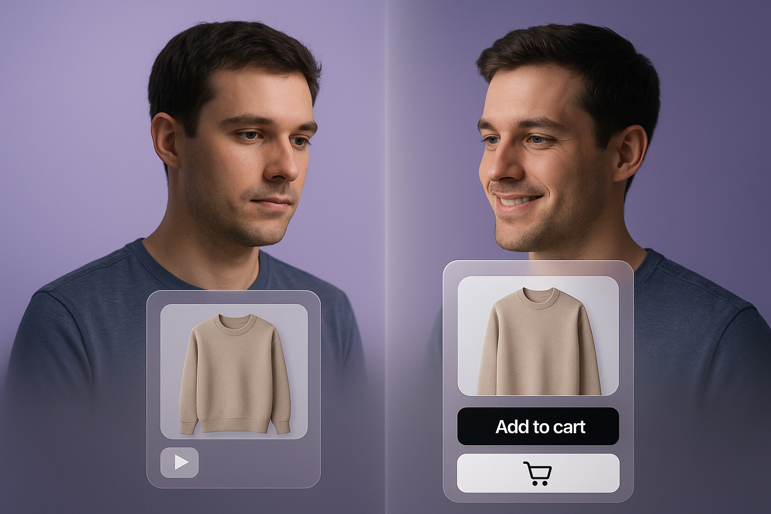 A model displays a grey shirt on a soft purple background, with an "Add to cart" shopping button next to the garment image.
