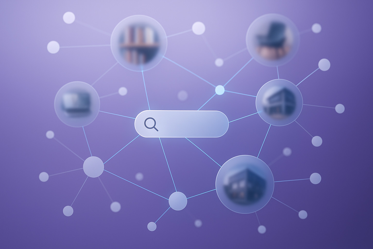 Abstract network graphic with a central search bar, connected blurred circle icons representing various objects.