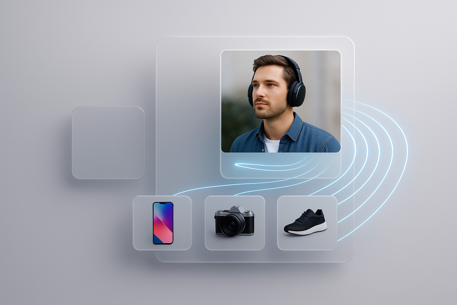 A person wearing headphones surrounded by a smartphone, camera, and sneakers, showcasing a modern tech lifestyle.