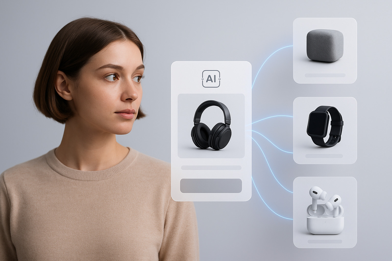 A person wearing a beige sweater stands next to a display featuring AI-generated product suggestions, including headphones, a smart watch, and earphones.
