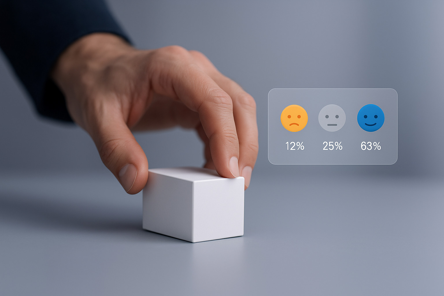 A hand reaching for a small white box, with a feedback panel displaying smiley faces and satisfaction percentages: 12%, 25%, and 63%.