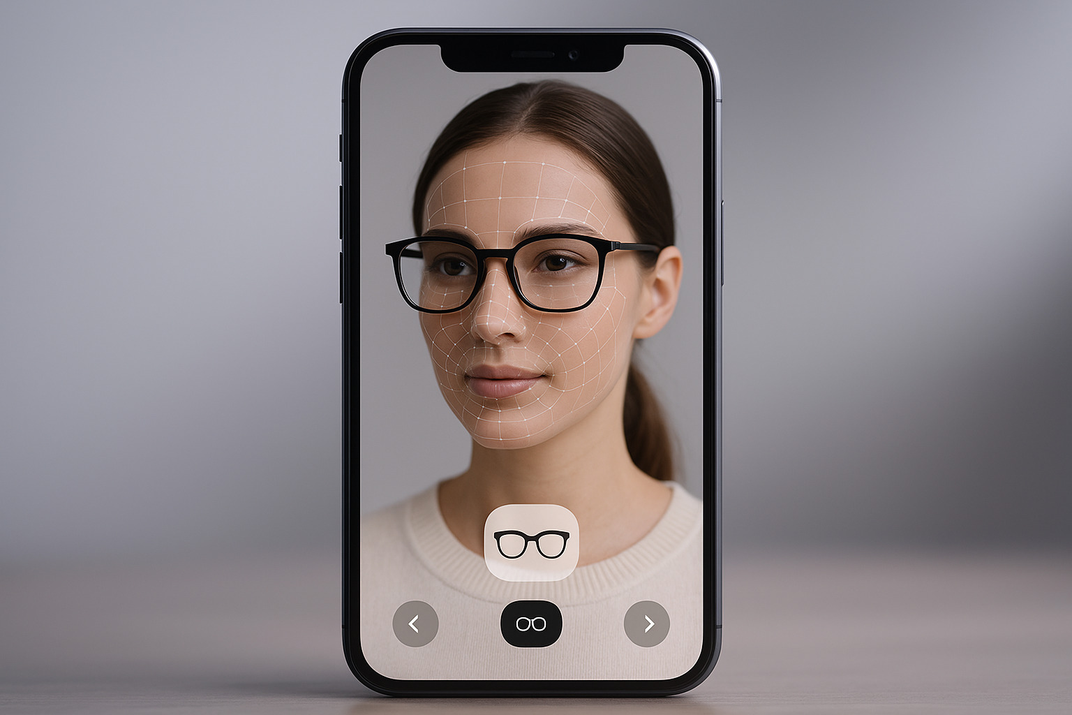 A smartphone screen displays a virtual fitting interface, featuring glasses and a user’s upper body in a neutral background.