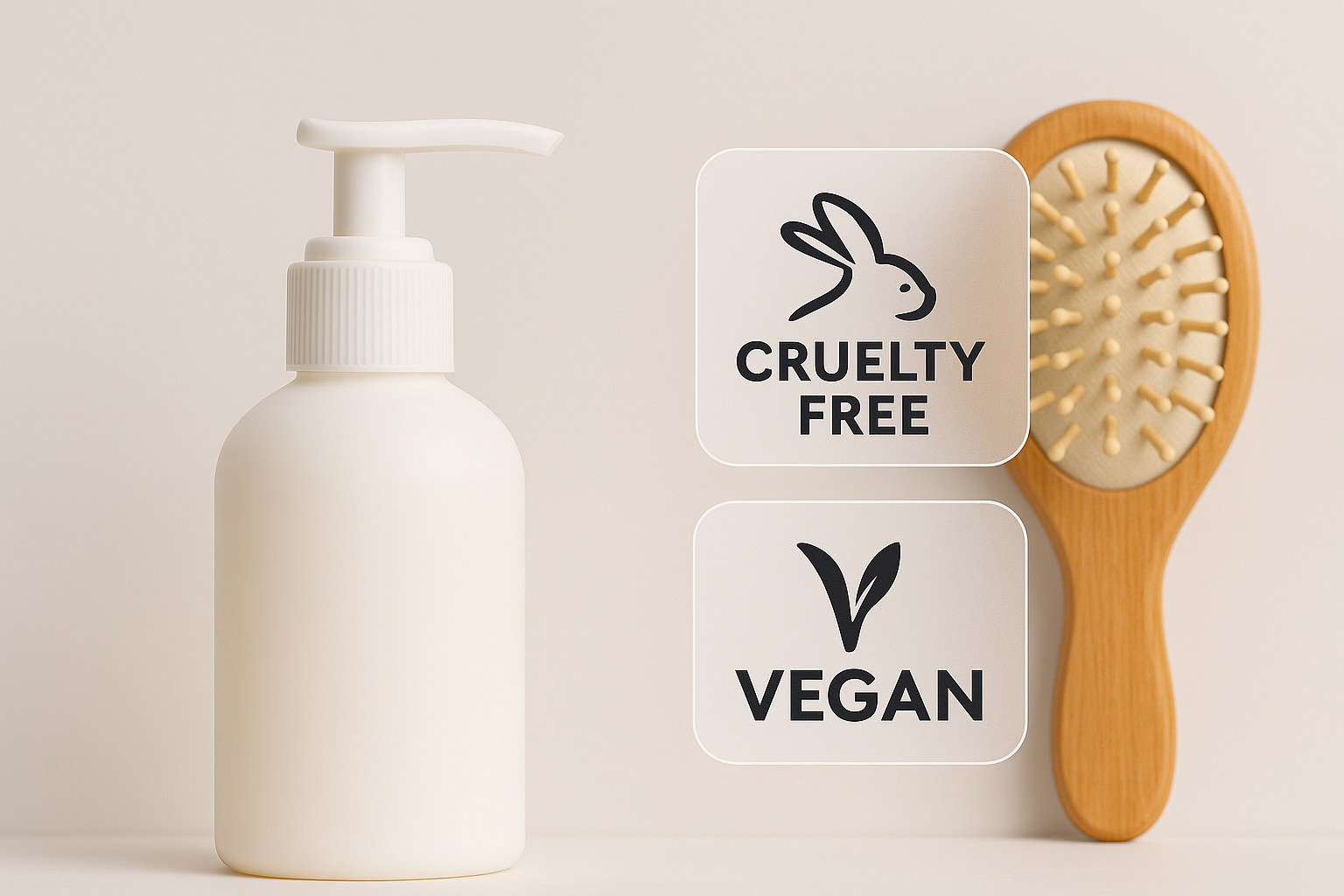 White pump bottle and wooden hairbrush with cruelty-free and vegan certification icons displayed alongside.