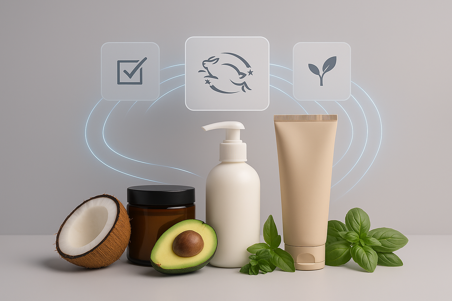 Eco-friendly cruelty-free hair care bottles displayed with natural ingredients like aloe vera and citrus on a clean neutral background.