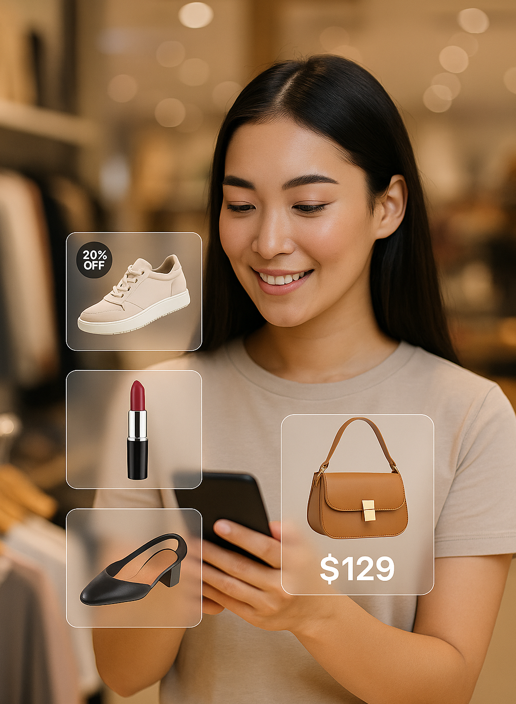 A shopper using a smartphone, with AI-powered overlays suggesting personalized products (shoes, cosmetics, accessories).