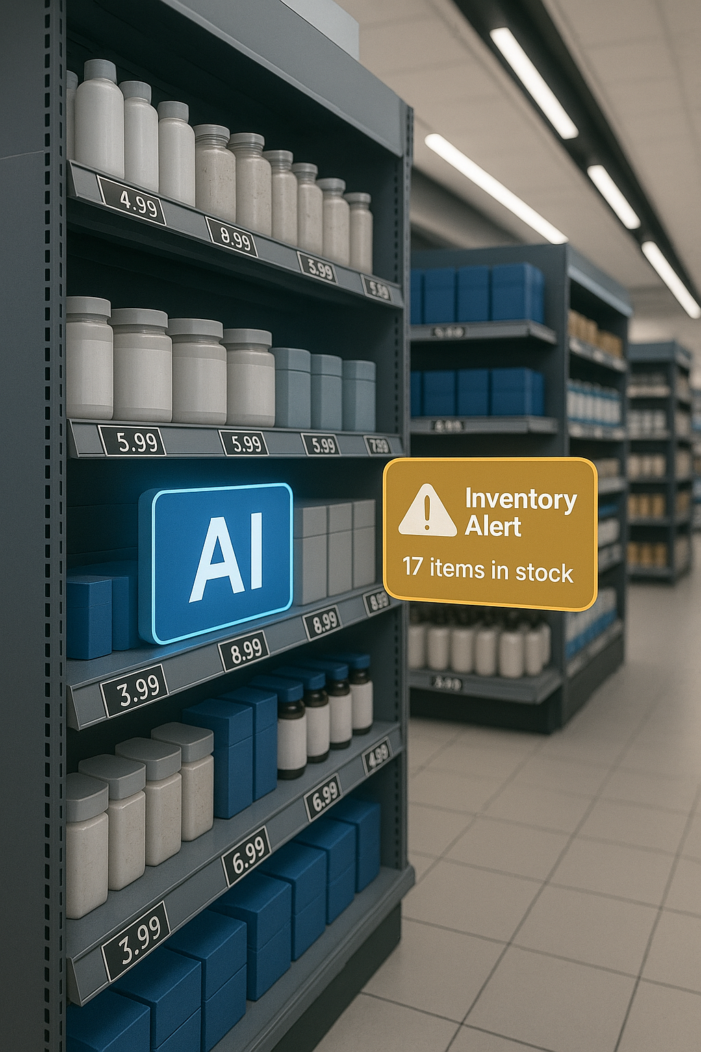 Modern retail store with smart shelves and digital displays powered by AI technology for inventory and pricing.