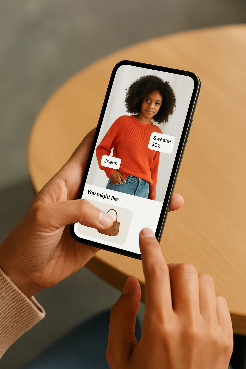 A person shopping via a vertical shoppable video on their phone, with product tags and recommendations displayed.