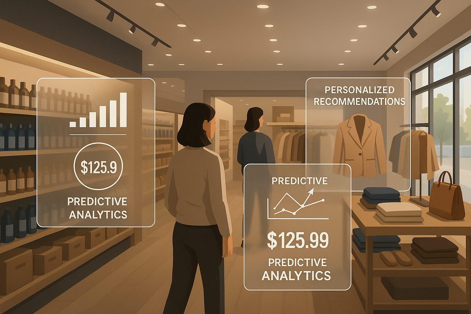 Illustration of AI technologies in retail, including stock monitoring, predictive analytics, and personalized recommendations in a store environment.