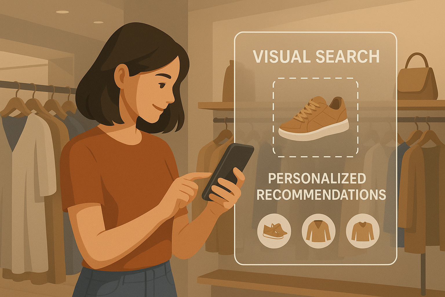 Customer using an AI-powered mobile app with visual search and personalized shopping recommendations in real time.