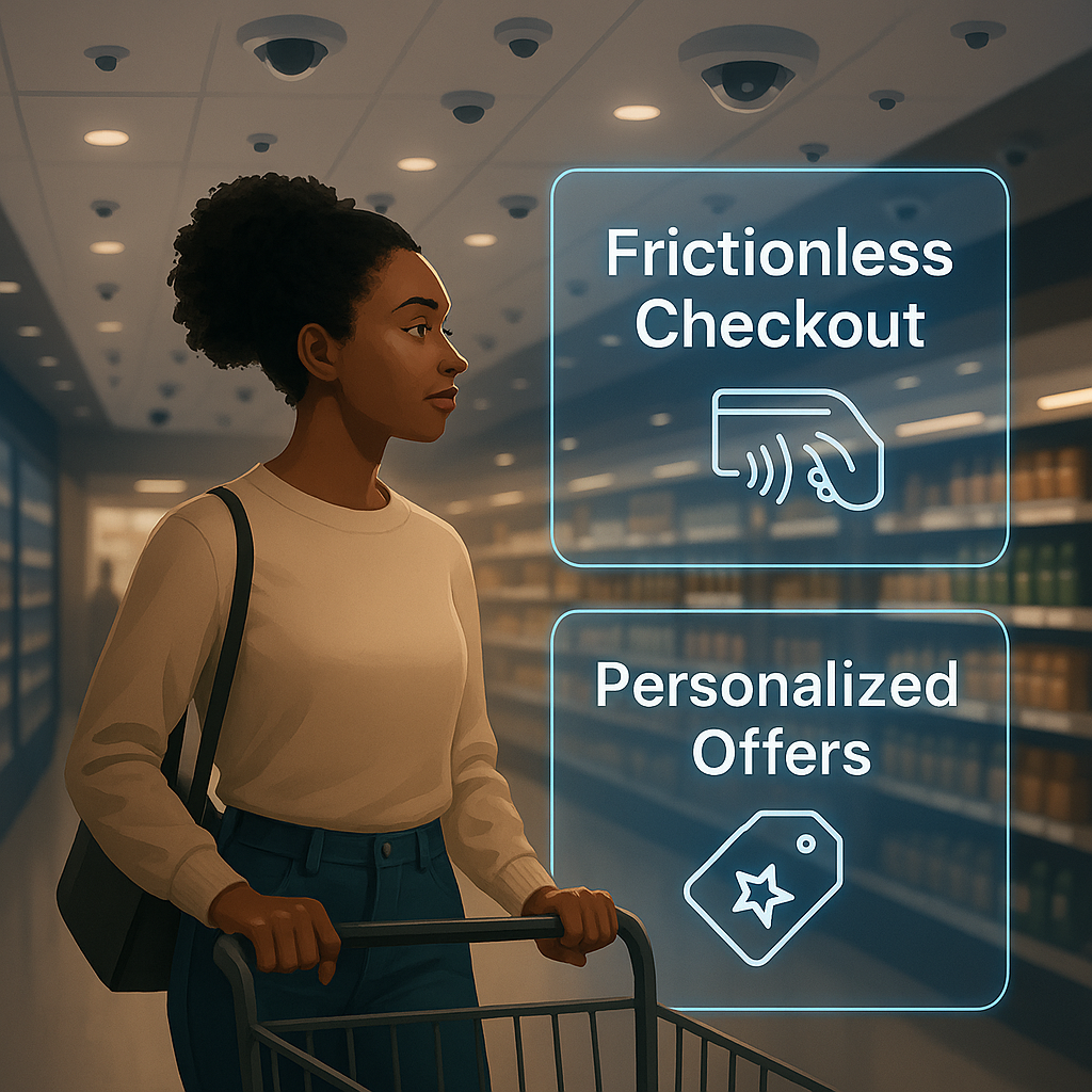 Illustration of a customer in a cashier-less store with AI-driven overlays highlighting frictionless checkout and personalized shopping experiences.