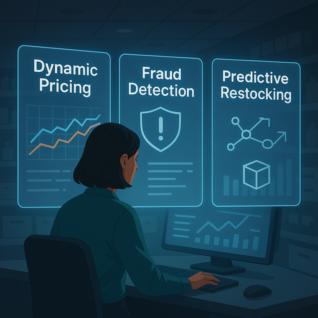 Illustration of AI retail operations with dashboards displaying dynamic pricing, fraud detection, and predictive inventory optimization.
