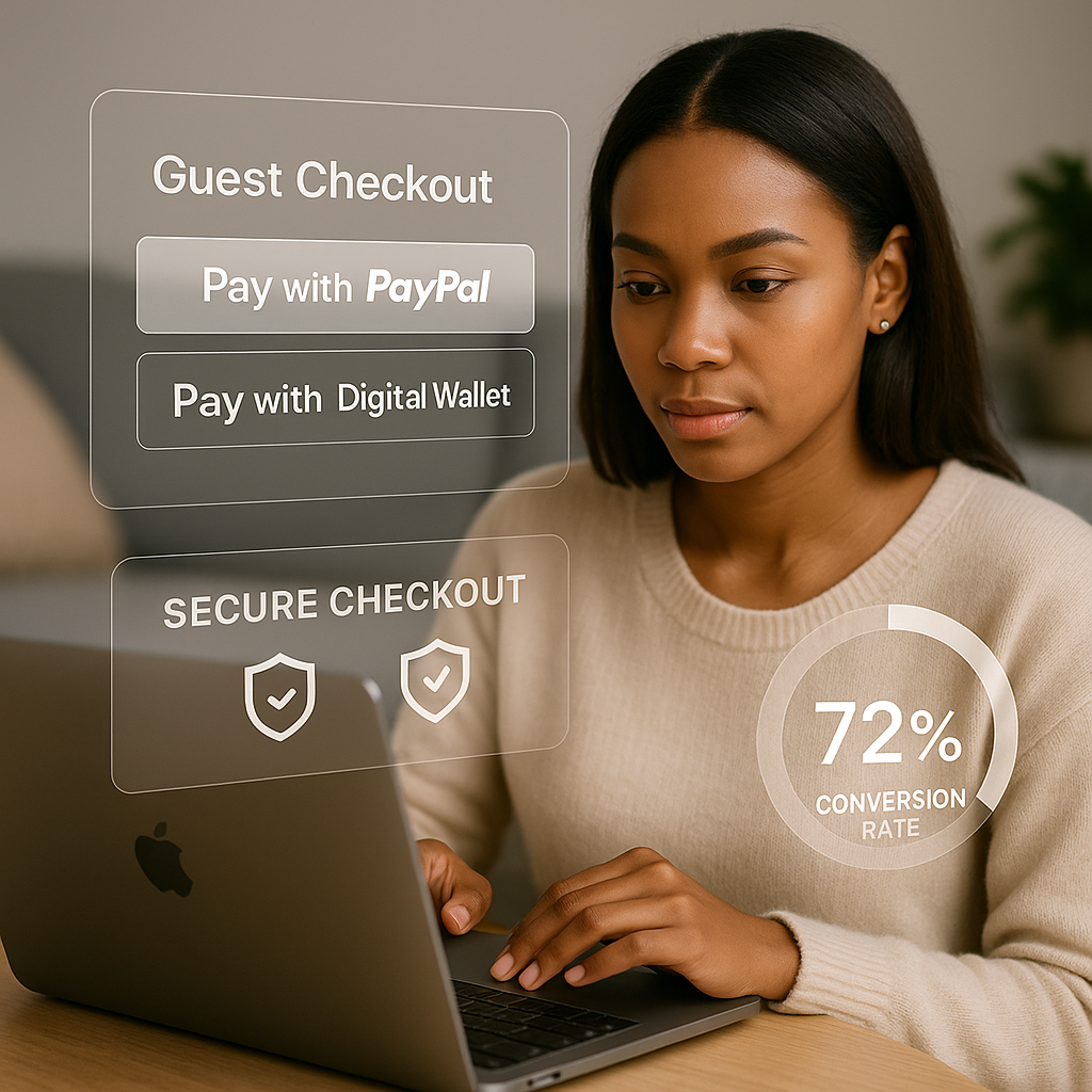 Photograph of a young woman shopping online on her laptop with holographic overlays showing guest checkout, digital wallet options, secure checkout badges, and a 72% conversion rate indicator.