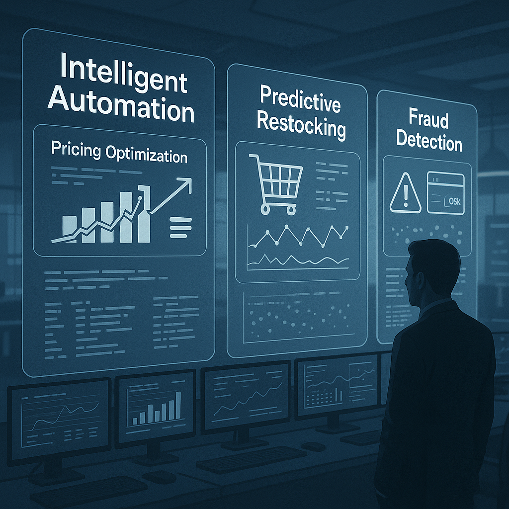 Illustration of intelligent automation dashboards showing pricing optimization, predictive supply chain signals, and fraud detection alerts in a retail control environment.
