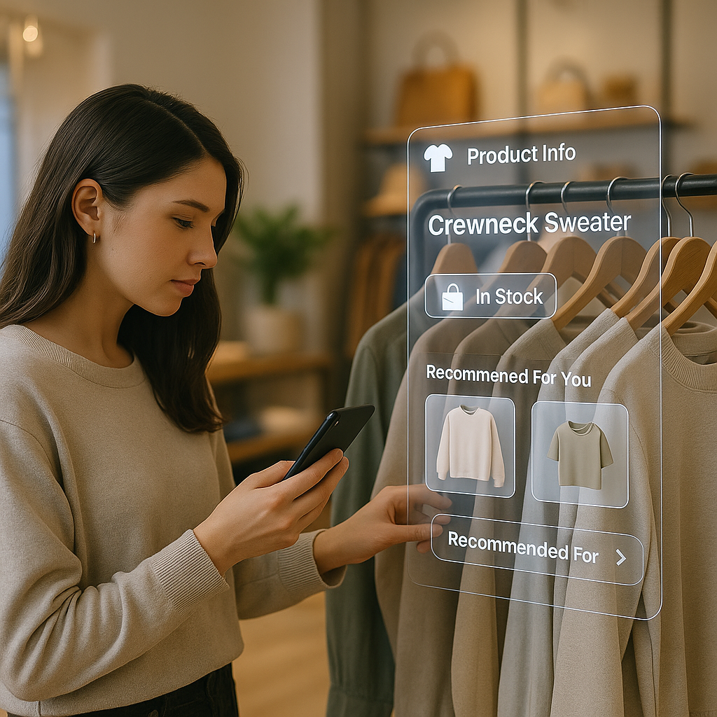 Photograph of a retail employee in a clothing store checking a sweater on a hanger while using a smartphone with holographic overlays showing AI-powered product details, stock status, and personalized recommendations.
