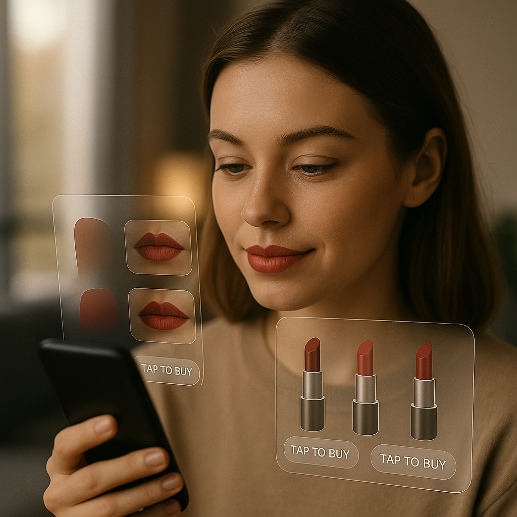 Photograph of a shopper using an AI-powered virtual try-on on her smartphone, with holographic overlays showing lipstick shades and shoppable purchase buttons.