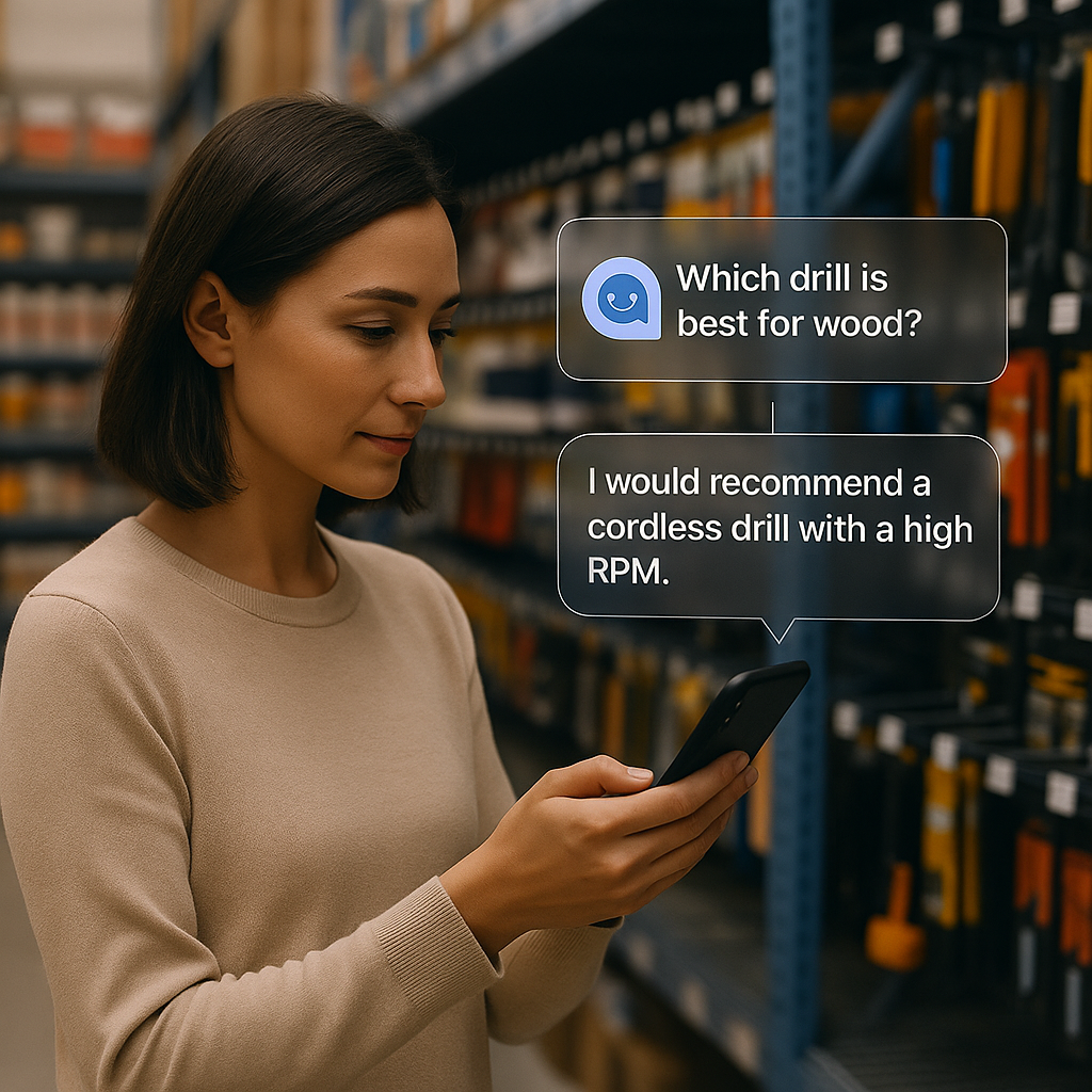 Shopper in a home improvement store using a conversational AI assistant to get real-time product recommendations.