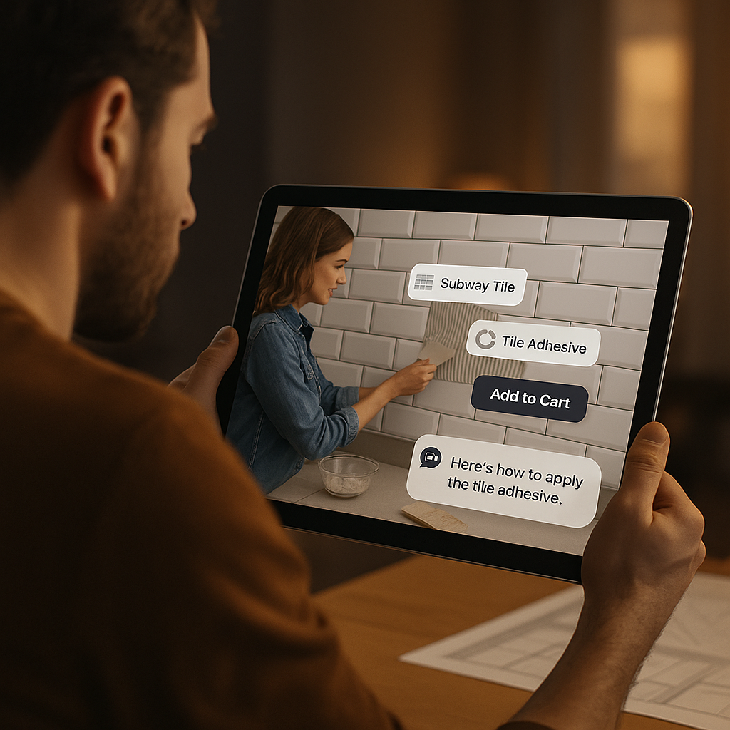 Customer engaging with an AI-powered shoppable video tutorial for a home improvement project.